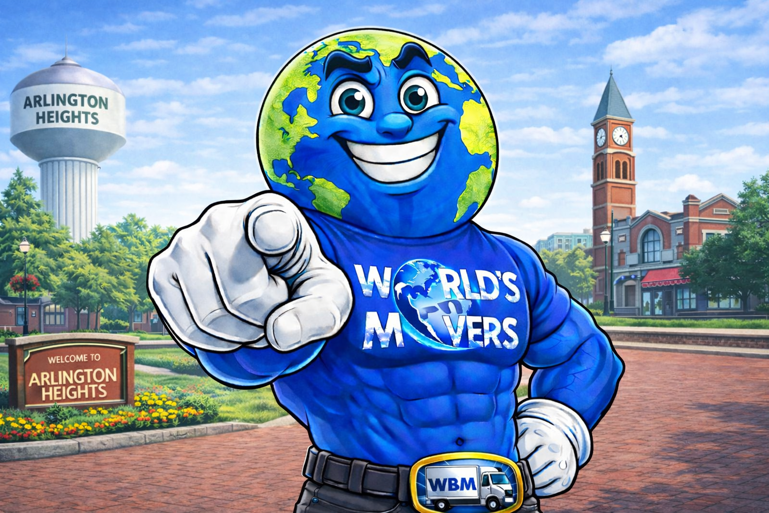 World's Best Movers mascot representing professional Arlington Heights movers