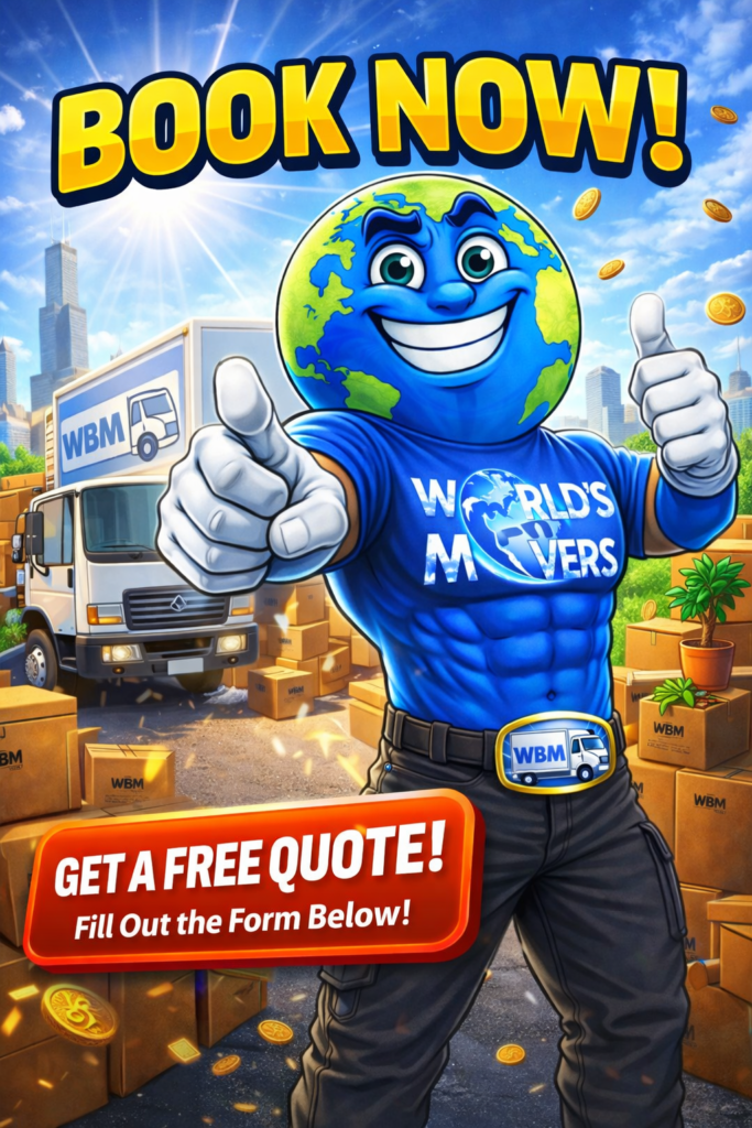 World's Best Movers Chicago mascot pointing to booking form