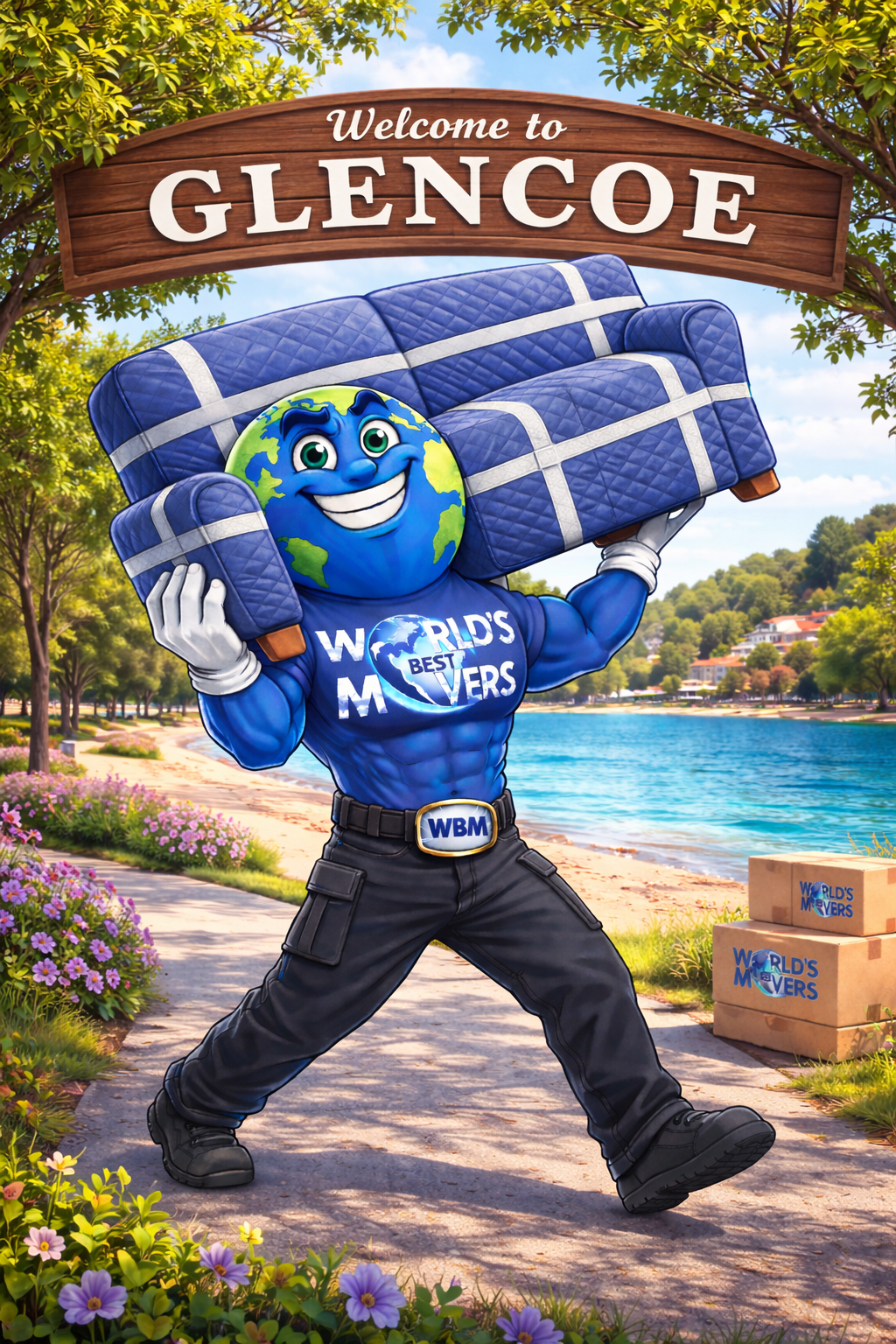 Glencoe IL movers mascot carrying a couch for World's Best Movers
