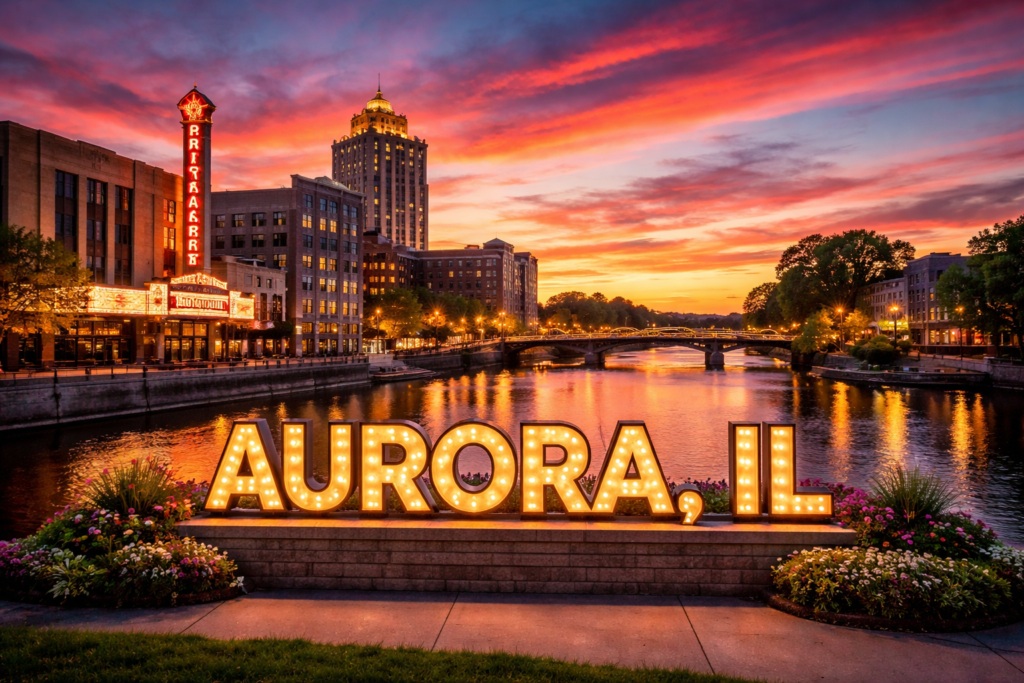 Aurora Illinois skyline and riverwalk for World’s Best Movers